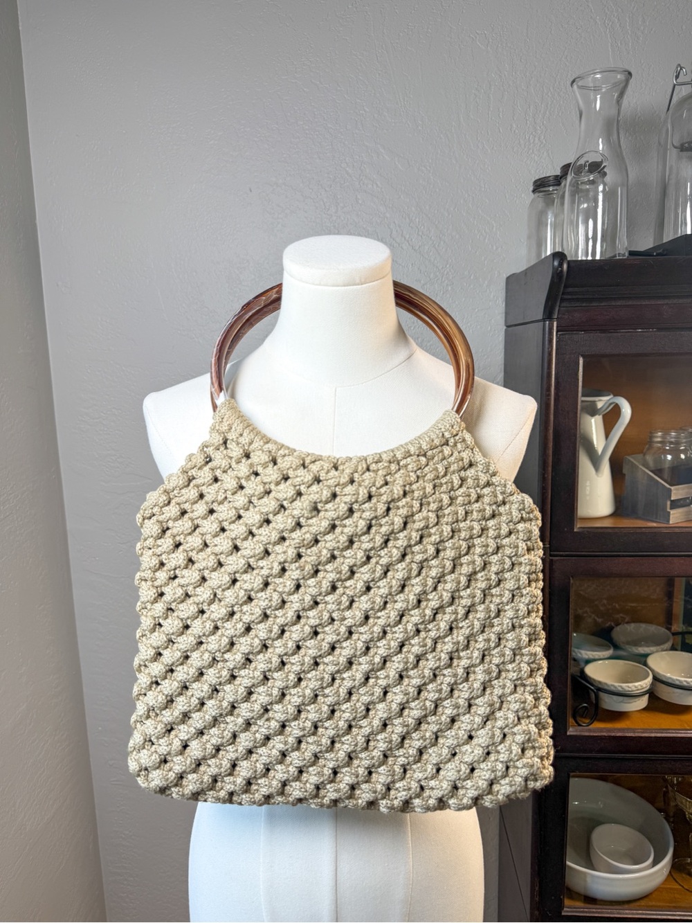 Vintage Crochet Handbag Lucite Handles Beige Knit Boho Purse Lined Tote